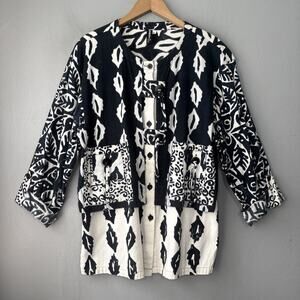 Winter Sun Top Size Small Blue White Artsy Flannel Art to Wear Button Up Pocket